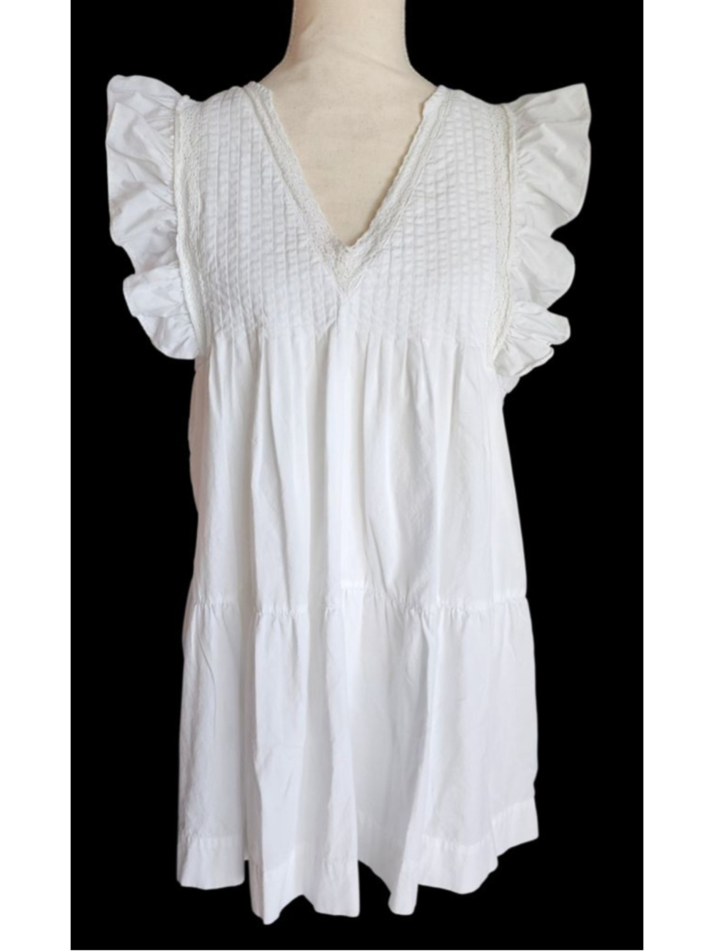 AQUA White Smocked Tiered Ruffle Sleeve V-Neck Cotton Babydoll Top Blouse Size M